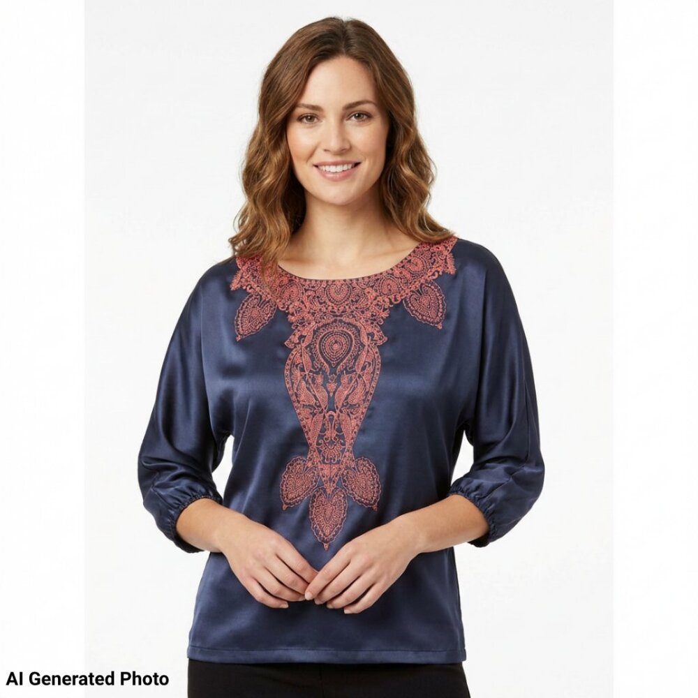Kenar Satin Embroidered Tunic Blouse Gray Coral Pink Sz Small Boho 3/4 Sleeve